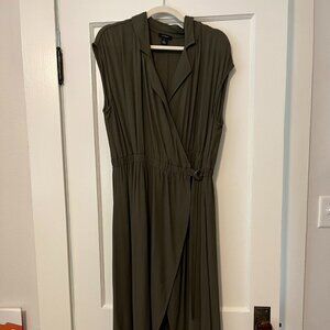 Transitional Adjustable Olive Green Midi Collared Wrap Dress